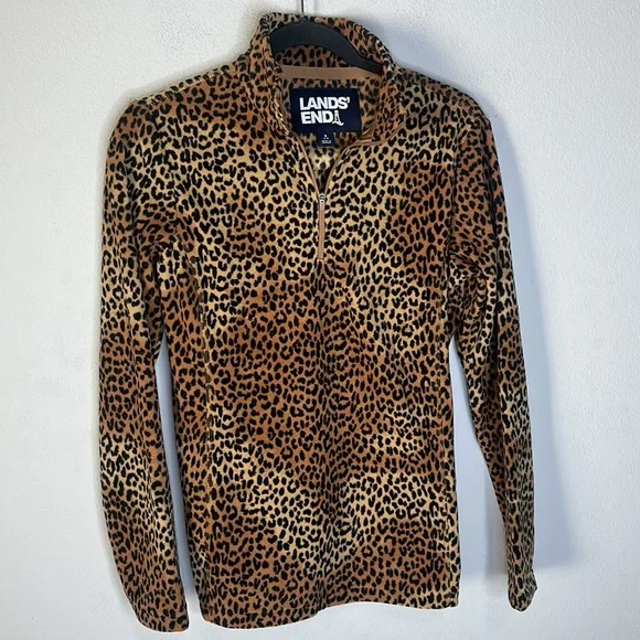 LANDS' END Half Zip Pullover Fleece Brown/Black Leopard S - Picture 3 of 6